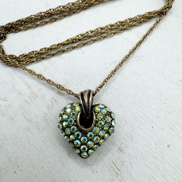 Vintage Gold Filled Pave Aurora Borealis Rhinestone Puffy Heart Pendant Necklace - Picture 3 of 12